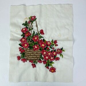 Vtg Hanging Basket Red Pink Flowers Cross Stitch 12.5x15 cottagecore boho hippie